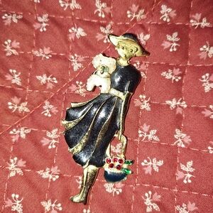 Vintage Style Lady Brooch Pin with Dog